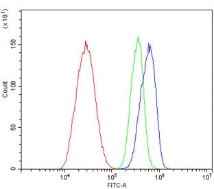 Flow cytometry testing of human HepG2 cells with MERTK antibody at 1ug/million cells (blocked with g