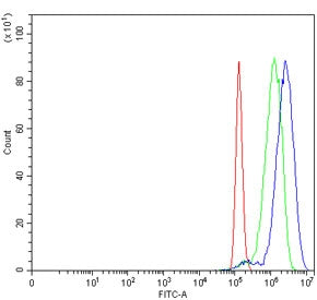 Flow cytometry testing of human PC-3 cells with Bromodomain-containing protein 9 antibody at 1ug/million cells (blocked with goat sera); Red=cells alone, Green=isotype control, Blue= Bromodomain-containing protein 9 antibody.