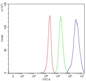 Flow cytometry testing of human 293T cells with PCH2 antibody at 1ug/million cells (blocked with goa