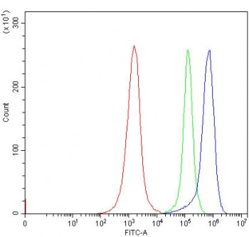 Flow cytometry testing of human Jurkat cells with FATP5 antibody at 1ug/million cells (blocked with