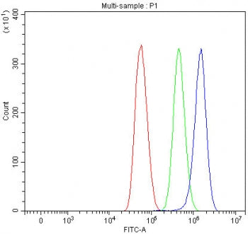 Flow cytometry testing of human U-87 MG cells with TPRBK antibody at 1ug/million cells (blocked with