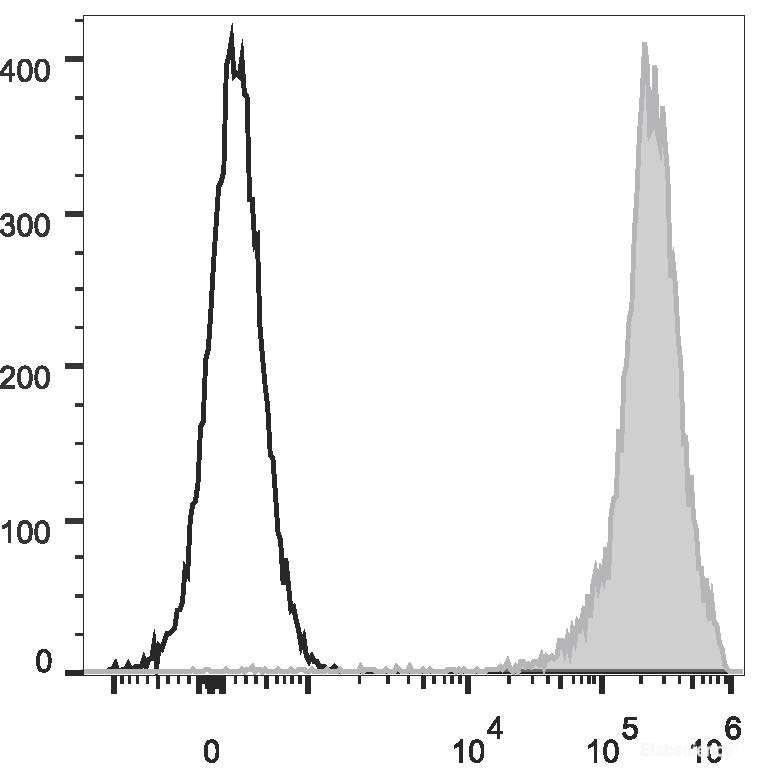 Rat thymocytes are stained with FITC Anti-Rat CD90/Mouse CD90.1 Antibody(filled gray histogram). Unstained thymocytes (empty black histogram) are used as control.