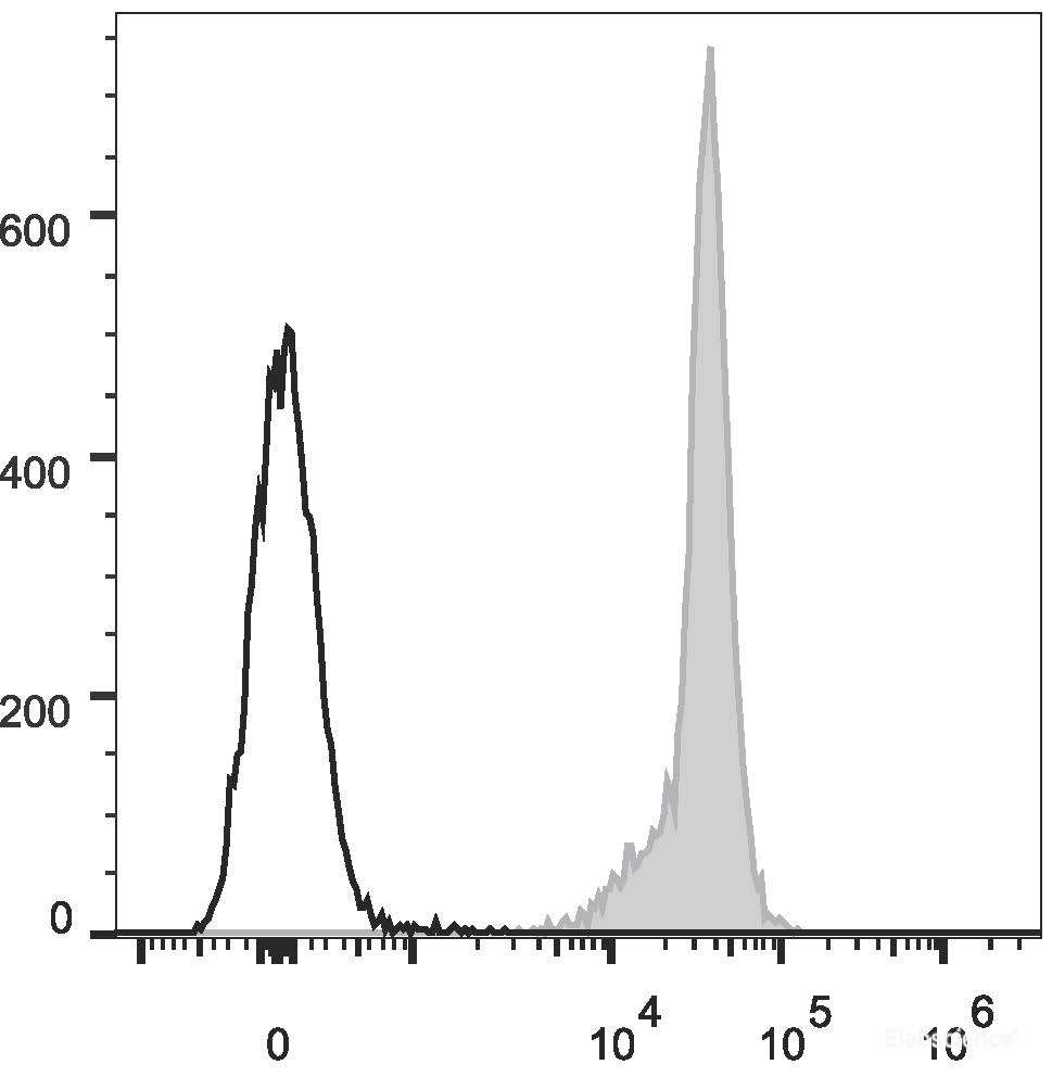 Rat splenocytes are stained with APC Anti-Rat CD45 Antibody(filled gray histogram). Unstained splenocytes (empty black histogram) are used as control.