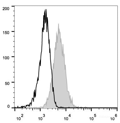 Mouse endothelial cells(bEnd.3) are stained with PE Anti-Mouse CD105 Antibody(filled gray histogram). PE Mouse IgG2a, κ Isotype Control stained cells are used as control.