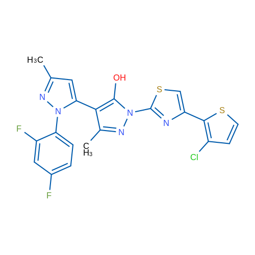 2'-[4-(3-Chlorothiophen-2-yl)-1,3-thiazol-2-yl]-2-(2,4-difluorophenyl)-5,5'-dimethyl-2H,2'H-[3,4'-bipyrazole]-3'-ol 1g