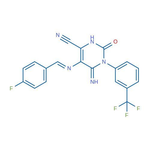 5-[(E)-[(4-Fluorophenyl)methylidene]amino]-6-imino-2-oxo-1-[3-(trifluoromethyl)phenyl]-1,2,3,6-tetrahydropyrimidine-4-carbonitrile 1g
