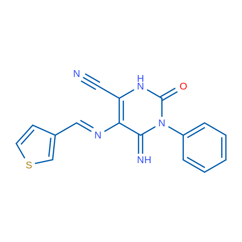 6-Imino-2-oxo-1-phenyl-5-[(E)-[(thiophen-3-yl)methylidene]amino]-1,2,3,6-tetrahydropyrimidine-4-carbonitrile 1g