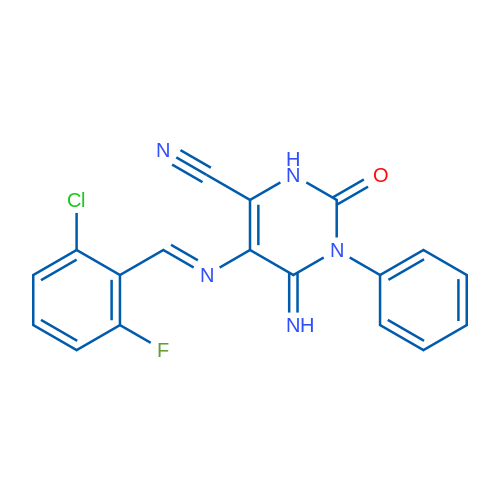 5-[(E)-[(2-Chloro-6-fluorophenyl)methylidene]amino]-6-imino-2-oxo-1-phenyl-1,2,3,6-tetrahydropyrimidine-4-carbonitrile 1g
