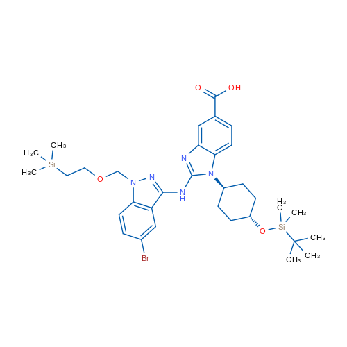 2-(5-Bromo-1-((2-(trimethylsilyl)ethoxy)methyl)-1H-indazol-3-ylamino)-1-((1r,4r)-4-(tert-butyldimethylsilyloxy)cyclohexyl)-1H-benzo[d]imidazole-5-carboxylic acid 250mg
