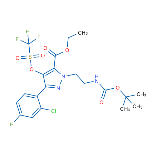 Ethyl 1-(2-((tert-butoxycarbonyl)amino)ethyl)-3-(2-chloro-4-fluorophenyl)-4-(((trifluoromethyl)sulfonyl)oxy)-1H-pyrazole-5-carboxylate 250mg