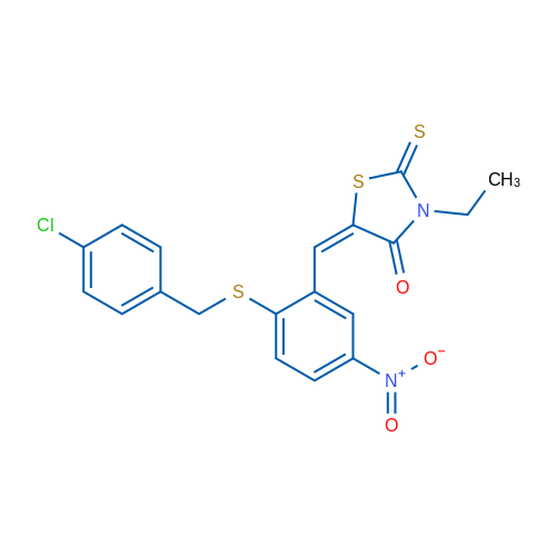 (5E)-5-[(2-{[(4-chlorophenyl)methyl]sulfanyl}-5-nitrophenyl)methylidene]-3-ethyl-2-sulfanylidene-1,3-thiazolidin-4-one 1g