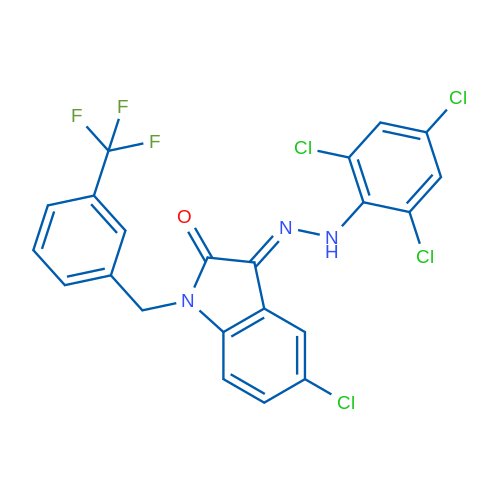 (3E)-5-Chloro-3-[2-(2,4,6-trichlorophenyl)hydrazin-1-ylidene]-1-{[3-(trifluoromethyl)phenyl]methyl}-2,3-dihydro-1H-indol-2-one 1g