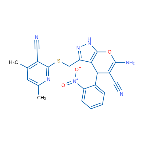 2-({[6-amino-5-cyano-4-(2-nitrophenyl)-1H,4H-pyrano[2,3-c]pyrazol-3-yl]methyl}sulfanyl)-4,6-dimethylpyridine-3-carbonitrile 1g