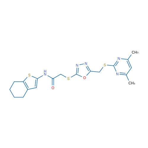 2-((5-(((4,6-Dimethylpyrimidin-2-yl)thio)methyl)-1,3,4-oxadiazol-2-yl)thio)-N-(4,5,6,7-tetrahydrobenzo[b]thiophen-2-yl)acetamide 1g
