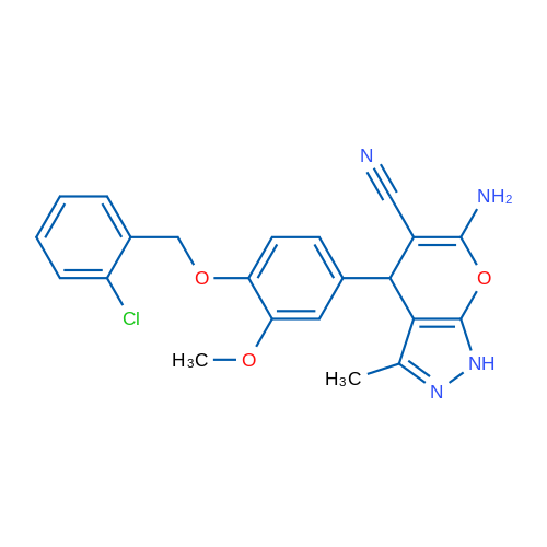 6-Amino-4-(4-((2-chlorobenzyl)oxy)-3-methoxyphenyl)-3-methyl-1,4-dihydropyrano[2,3-c]pyrazole-5-carbonitrile 1g