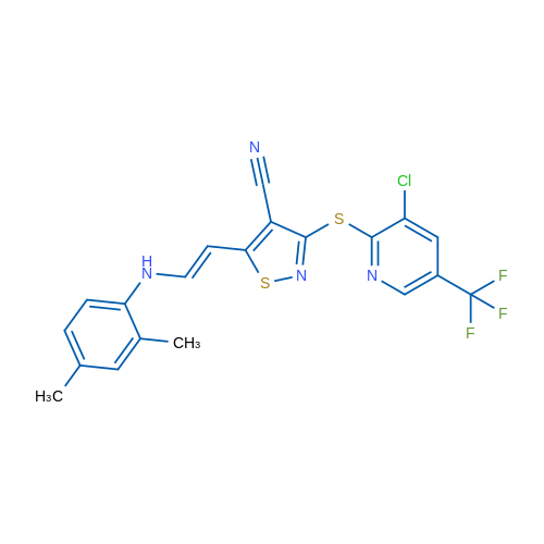 3-{[3-chloro-5-(trifluoromethyl)pyridin-2-yl]sulfanyl}-5-[(E)-2-[(2,4-dimethylphenyl)amino]ethenyl]-1,2-thiazole-4-carbonitrile 1g