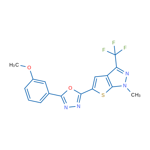 2-(3-Methoxyphenyl)-5-[1-methyl-3-(trifluoromethyl)-1H-thieno[2,3-c]pyrazol-5-yl]-1,3,4-oxadiazole 1g