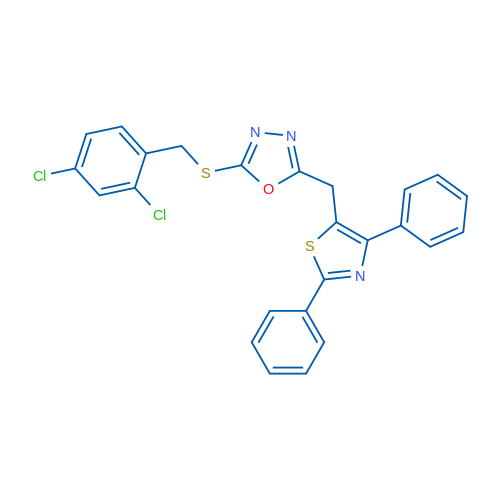 2-{[(2,4-dichlorophenyl)methyl]sulfanyl}-5-[(2,4-diphenyl-1,3-thiazol-5-yl)methyl]-1,3,4-oxadiazole 1g