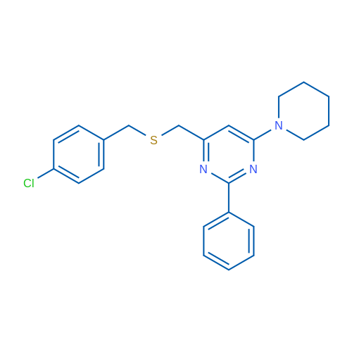 4-({[(4-chlorophenyl)methyl]sulfanyl}methyl)-2-phenyl-6-(piperidin-1-yl)pyrimidine 1g