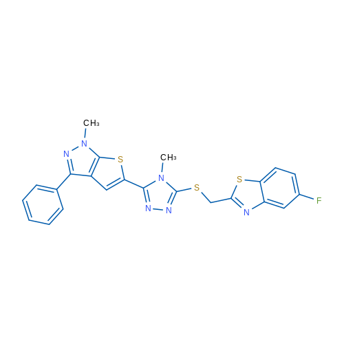 5-Fluoro-2-{[(4-methyl-5-{1-methyl-3-phenyl-1H-thieno[2,3-c]pyrazol-5-yl}-4H-1,2,4-triazol-3-yl)sulfanyl]methyl}-1,3-benzothiazole 1g