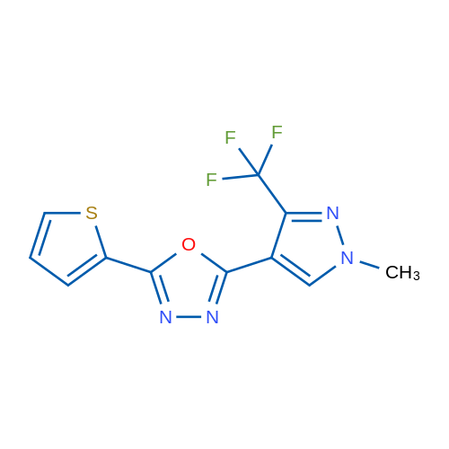 2-[1-Methyl-3-(trifluoromethyl)-1H-pyrazol-4-yl]-5-(thiophen-2-yl)-1,3,4-oxadiazole 1g