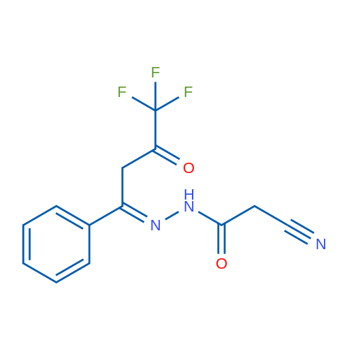 2-Cyano-N'-[(1E)-4,4,4-trifluoro-3-oxo-1-phenylbutylidene]acetohydrazide 1g