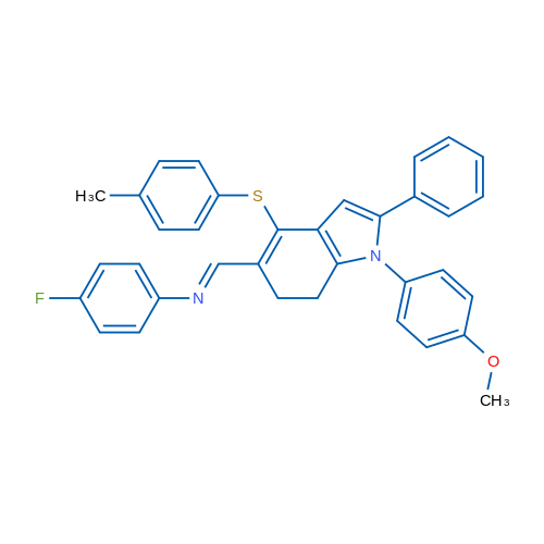 (1E)-N-(4-Fluorophenyl)-1-[1-(4-methoxyphenyl)-4-[(4-methylphenyl)sulfanyl]-2-phenyl-6,7-dihydro-1H-indol-5-yl]methanimine 1g