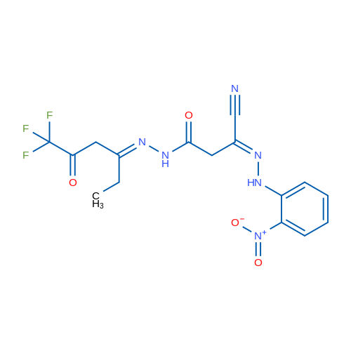 (E)-N-(2-Nitrophenyl)-1-{N'-[(3E)-6,6,6-trifluoro-5-oxohexan-3-ylidene]hydrazinecarbonyl}methanecarbohydrazonoyl cyanide 1g