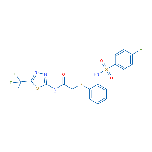 2-{[2-(4-fluorobenzenesulfonamido)phenyl]sulfanyl}-N-[5-(trifluoromethyl)-1,3,4-thiadiazol-2-yl]acetamide 1g