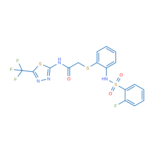 2-{[2-(2-fluorobenzenesulfonamido)phenyl]sulfanyl}-N-[5-(trifluoromethyl)-1,3,4-thiadiazol-2-yl]acetamide 1g