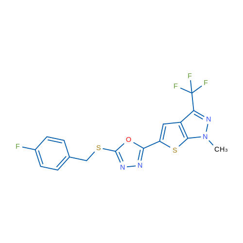 2-{[(4-fluorophenyl)methyl]sulfanyl}-5-[1-methyl-3-(trifluoromethyl)-1H-thieno[2,3-c]pyrazol-5-yl]-1,3,4-oxadiazole 1g