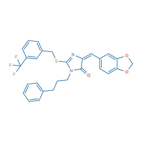 (4E)-4-[(2H-1,3-Benzodioxol-5-yl)methylidene]-1-(3-phenylpropyl)-2-({[3-(trifluoromethyl)phenyl]methyl}sulfanyl)-4,5-dihydro-1H-imidazol-5-one 1g