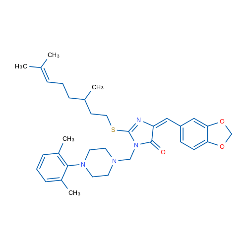 (4E)-4-[(2H-1,3-Benzodioxol-5-yl)methylidene]-2-[(3,7-dimethyloct-6-en-1-yl)sulfanyl]-1-{[4-(2,6-dimethylphenyl)piperazin-1-yl]methyl}-4,5-dihydro-1H-imidazol-5-one 1g