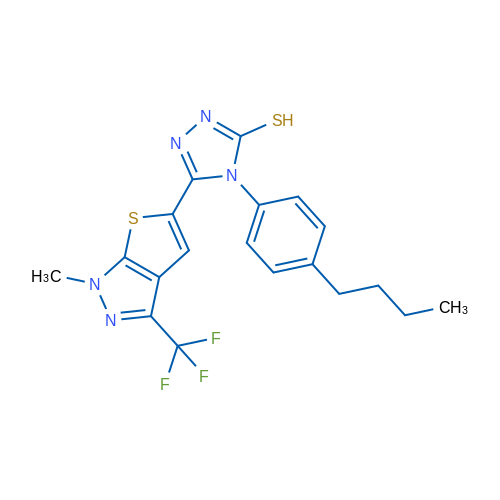 4-(4-Butylphenyl)-5-[1-methyl-3-(trifluoromethyl)-1H-thieno[2,3-c]pyrazol-5-yl]-4H-1,2,4-triazole-3-thiol 1g