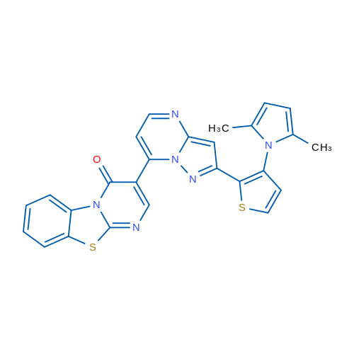 12-{2-[3-(2,5-dimethyl-1H-pyrrol-1-yl)thiophen-2-yl]pyrazolo[1,5-a]pyrimidin-7-yl}-8-thia-1,10-diazatricyclo[7.4.0.0^{2,7}]trideca-2(7),3,5,9,11-pentaen-13-one 1g