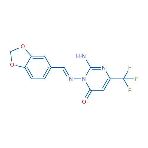 2-Amino-3-[(E)-[(2H-1,3-benzodioxol-5-yl)methylidene]amino]-6-(trifluoromethyl)-3,4-dihydropyrimidin-4-one 1g