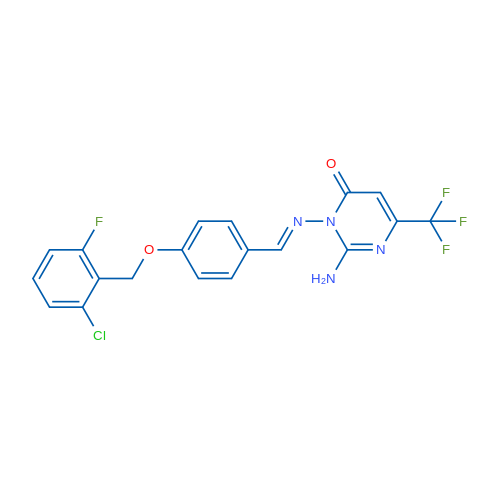2-Amino-3-[(E)-({4-[(2-chloro-6-fluorophenyl)methoxy]phenyl}methylidene)amino]-6-(trifluoromethyl)-3,4-dihydropyrimidin-4-one 1g