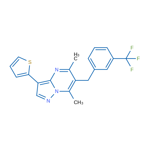 5,7-Dimethyl-3-(thiophen-2-yl)-6-{[3-(trifluoromethyl)phenyl]methyl}pyrazolo[1,5-a]pyrimidine 1g