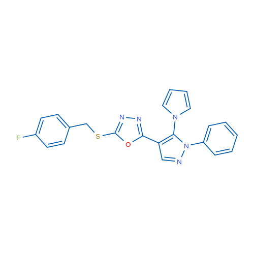 2-{[(4-fluorophenyl)methyl]sulfanyl}-5-[1-phenyl-5-(1H-pyrrol-1-yl)-1H-pyrazol-4-yl]-1,3,4-oxadiazole 1g