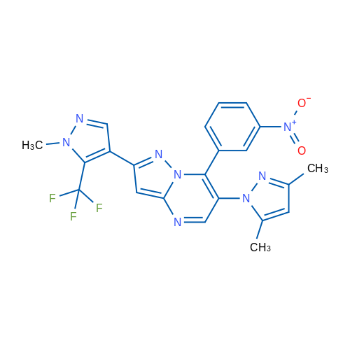 3,5-Dimethyl-1-{2-[1-methyl-5-(trifluoromethyl)-1H-pyrazol-4-yl]-7-(3-nitrophenyl)pyrazolo[1,5-a]pyrimidin-6-yl}-1H-pyrazole 1g