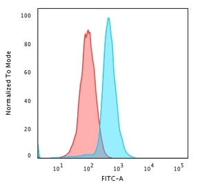 Flow cytometry testing of PFA-fixed human K562 cells with BCL10 antibody (clone rBL10/411); Red=isot