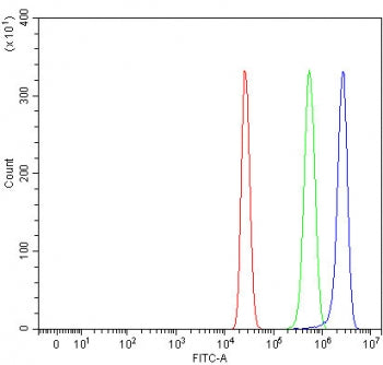 Flow cytometry testing of human HepG2 cells with RNF216 antibody at 1ug/million cells (blocked with 