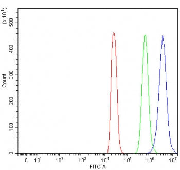 Flow cytometry testing of human 293T cells with KIF1A antibody at 1ug/million cells (blocked with go