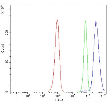 Flow cytometry testing of human HeLa cells with RREB1 antibody at 1ug/million cells (blocked with go