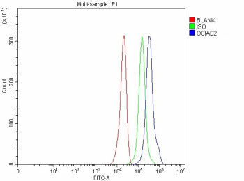 Flow Cytometry analysis of U251 cells using anti-OCIAD2 antibody. Overlay histogram showing U251 cel