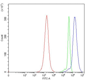 Flow cytometry testing of human JK cells with E2F5 antibody at 1ug/million cells (blocked with goat 