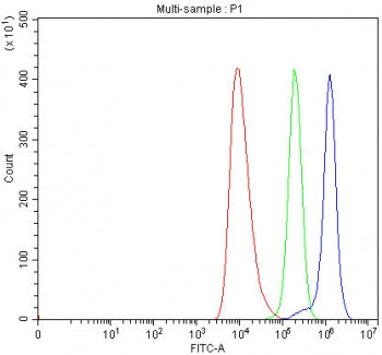 Flow cytometry testing of human HEL cells with TNNI3K antibody at 1ug/million cells (blocked with go