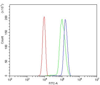 Flow cytometry testing of human U937 cells with POT1 antibody at 1ug/million cells (blocked with goa