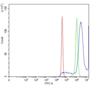 Flow cytometry testing of human SiHa cells with TZAP antibody at 1ug/million cells (blocked with goa