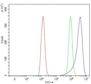 Flow cytometry testing of human HEL cells with PIK3R6 antibody at 1ug/million cells (blocked with go